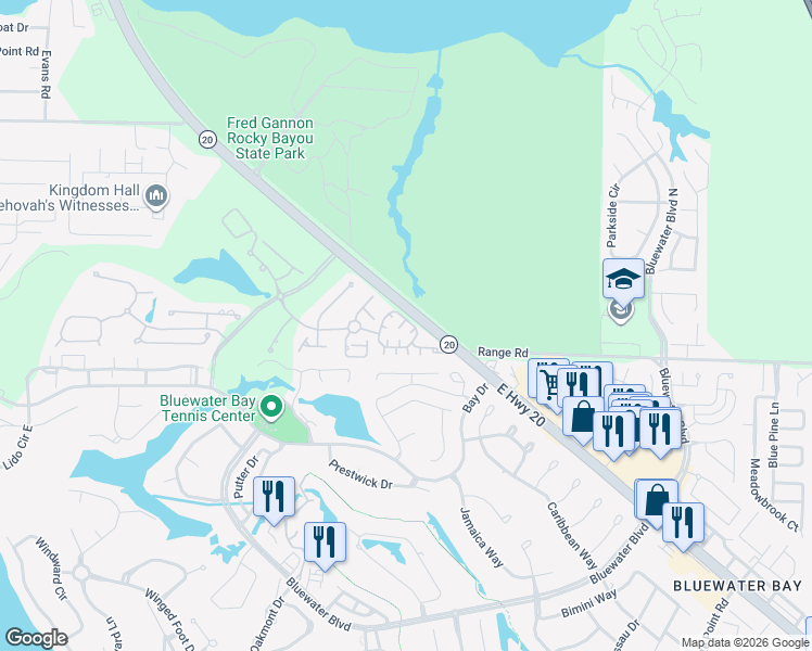 map of restaurants, bars, coffee shops, grocery stores, and more near 1647 Samos Cove in Niceville