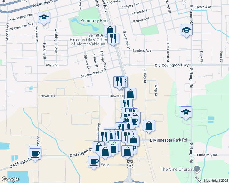map of restaurants, bars, coffee shops, grocery stores, and more near 210 Hewitt Road in Hammond