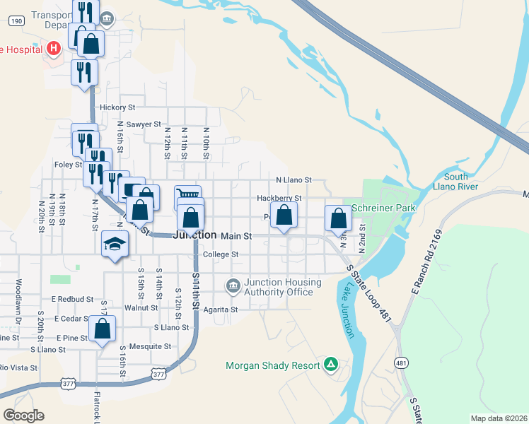 map of restaurants, bars, coffee shops, grocery stores, and more near 710 Pecan Street in Junction