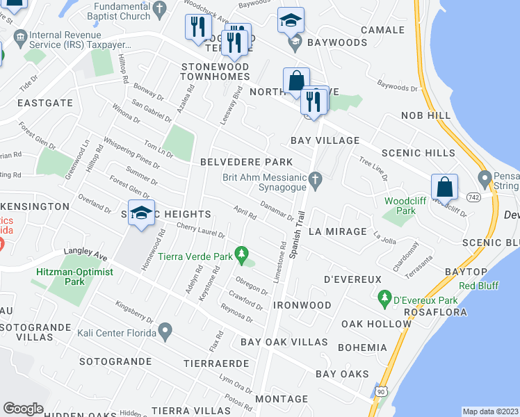 map of restaurants, bars, coffee shops, grocery stores, and more near 4197 Danamar Drive in Pensacola