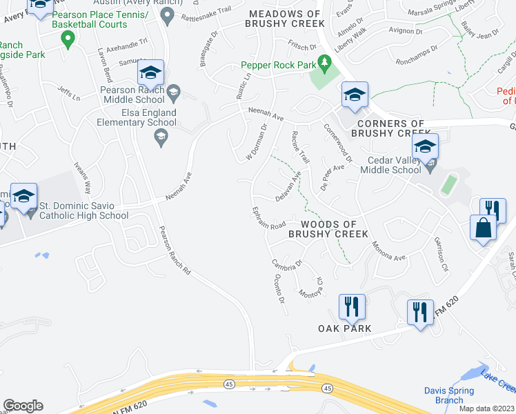 map of restaurants, bars, coffee shops, grocery stores, and more near 8600 Ephraim Road in Austin
