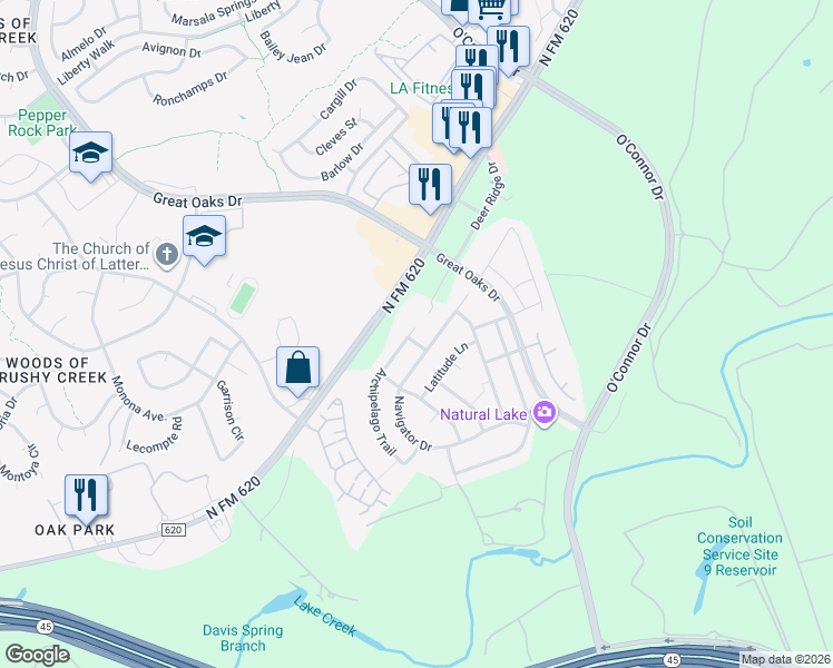 map of restaurants, bars, coffee shops, grocery stores, and more near 108 Buoy Lane in Austin