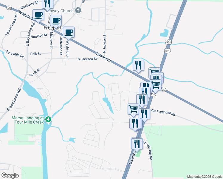 map of restaurants, bars, coffee shops, grocery stores, and more near Marsh Landing North in Freeport