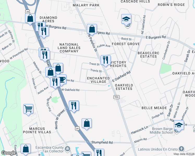 map of restaurants, bars, coffee shops, grocery stores, and more near 6823 Tiki Lane in Pensacola