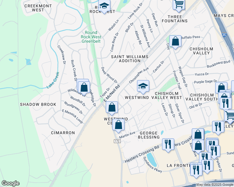 map of restaurants, bars, coffee shops, grocery stores, and more near 1302 Christopher Avenue in Round Rock
