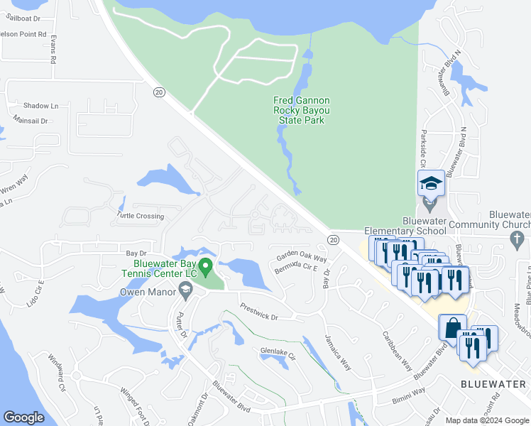 map of restaurants, bars, coffee shops, grocery stores, and more near 4325 American Poets Drive in Niceville