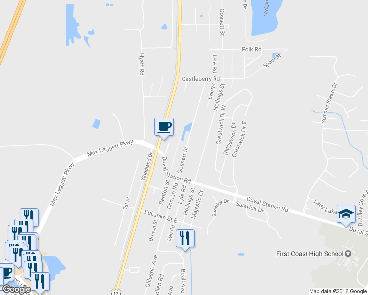 map of restaurants, bars, coffee shops, grocery stores, and more near 14016 Gossett Street in Jacksonville