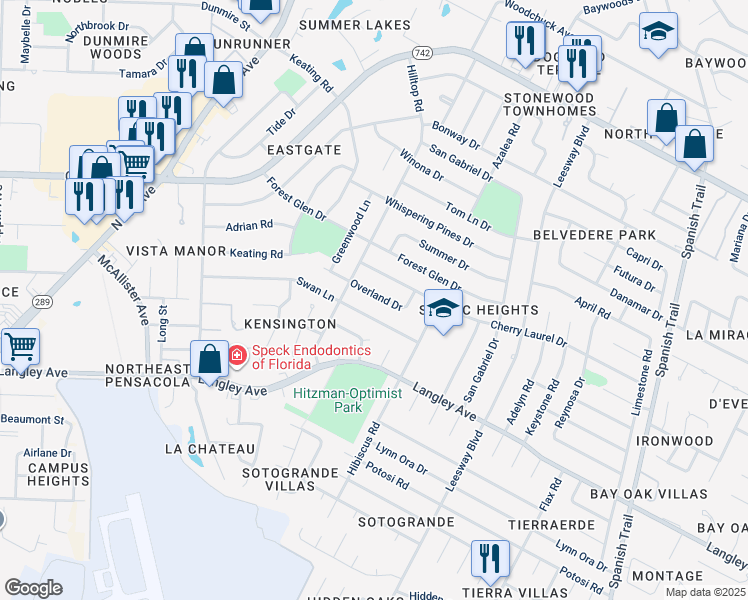 map of restaurants, bars, coffee shops, grocery stores, and more near 3641 Overland Drive in Pensacola