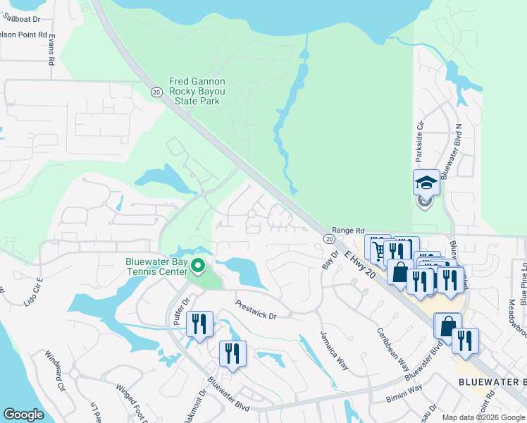 map of restaurants, bars, coffee shops, grocery stores, and more near 4325 American Poets Drive in Niceville