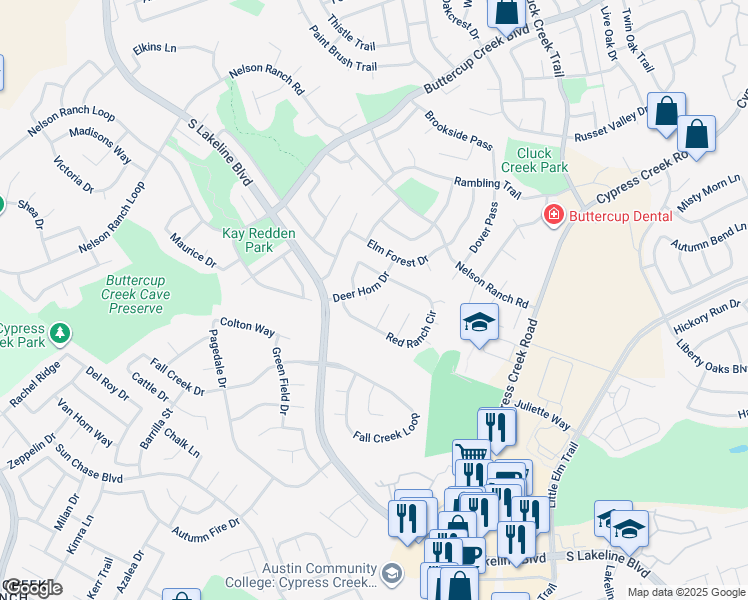 map of restaurants, bars, coffee shops, grocery stores, and more near 1104 Deer Horn Cove in Cedar Park