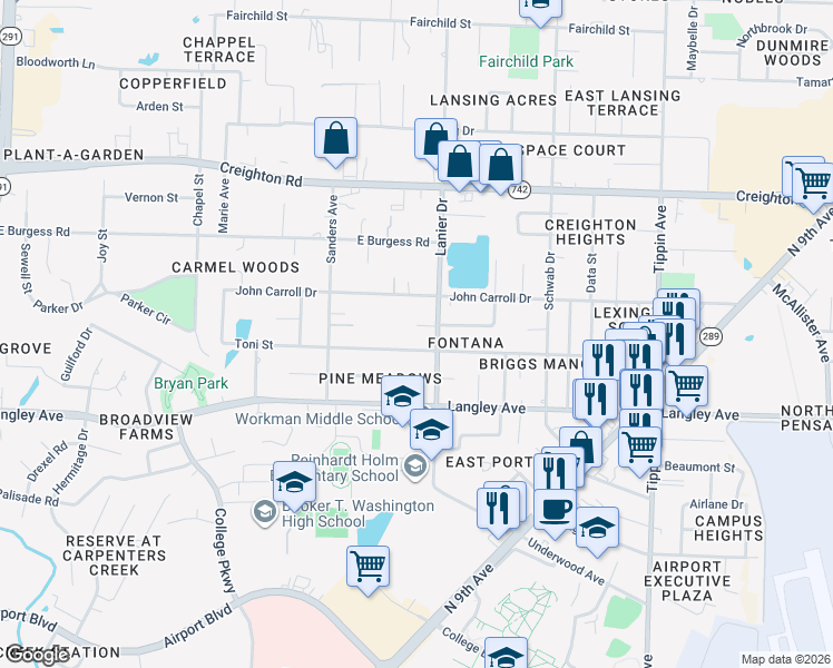 map of restaurants, bars, coffee shops, grocery stores, and more near 6433 Lanier Drive in Pensacola