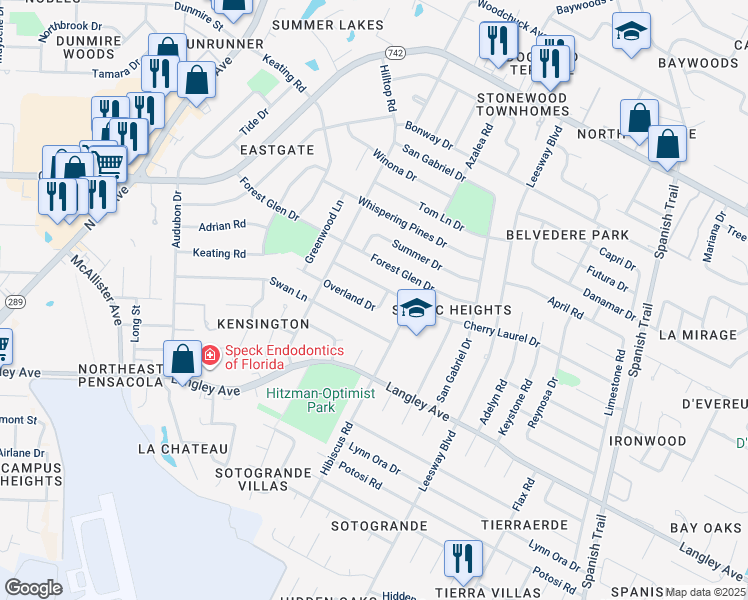 map of restaurants, bars, coffee shops, grocery stores, and more near 3680 Overland Drive in Pensacola