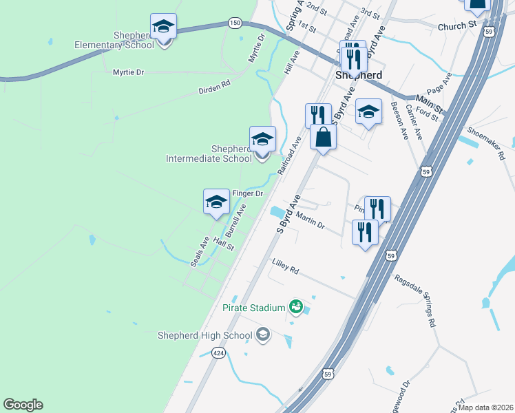 map of restaurants, bars, coffee shops, grocery stores, and more near 610 Railroad Avenue in Shepherd