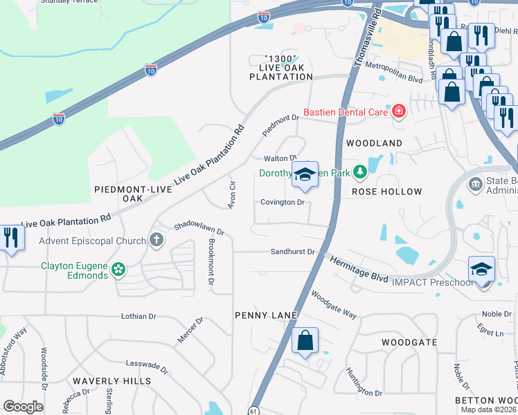 map of restaurants, bars, coffee shops, grocery stores, and more near 3125 Adwood Drive in Tallahassee