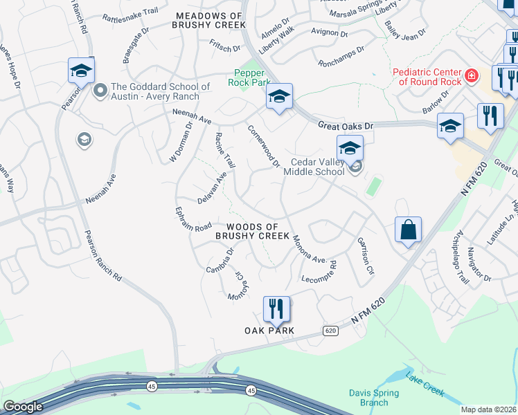 map of restaurants, bars, coffee shops, grocery stores, and more near 15701 Racine Cove in Austin