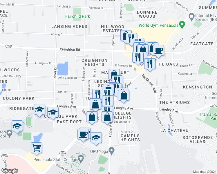 map of restaurants, bars, coffee shops, grocery stores, and more near 6436 Concord Way in Pensacola