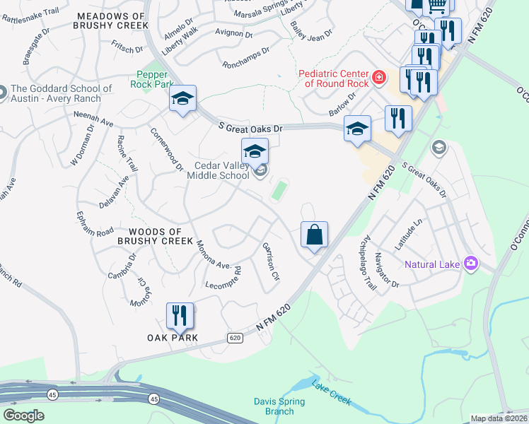 map of restaurants, bars, coffee shops, grocery stores, and more near 15606 Staffordshire Lane in Austin