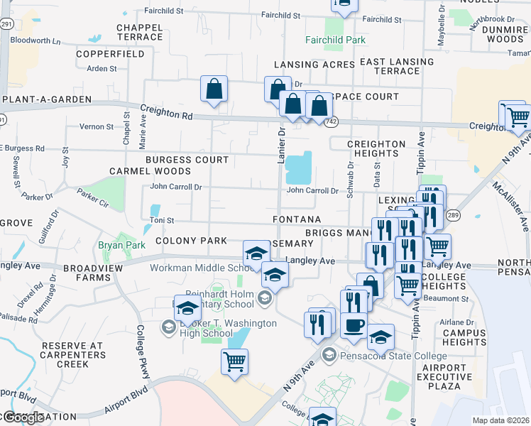 map of restaurants, bars, coffee shops, grocery stores, and more near 6435 Lanier Drive in Pensacola