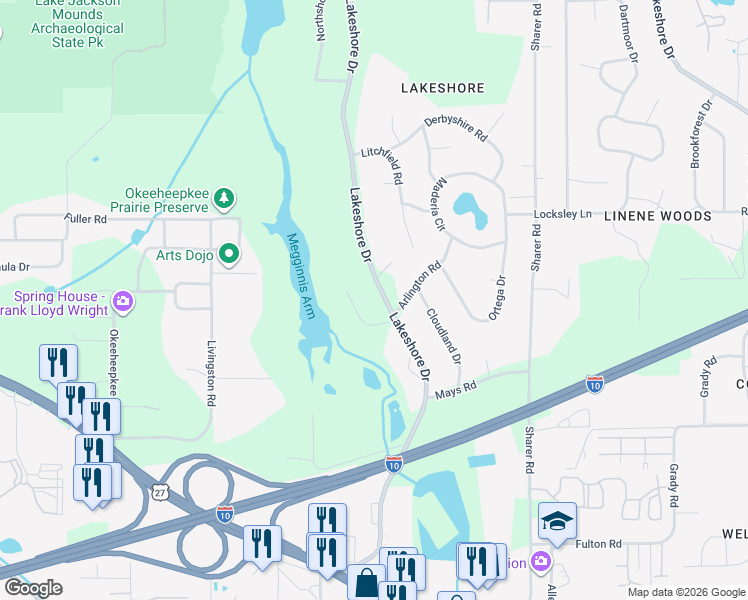 map of restaurants, bars, coffee shops, grocery stores, and more near 3106 Lakeshore Drive in Tallahassee