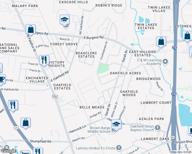 map of restaurants, bars, coffee shops, grocery stores, and more near 6111 Confederate Drive in Pensacola