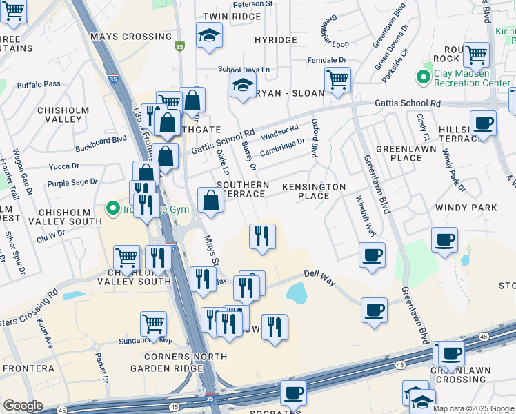 map of restaurants, bars, coffee shops, grocery stores, and more near 2201 Magnolia Drive in Round Rock