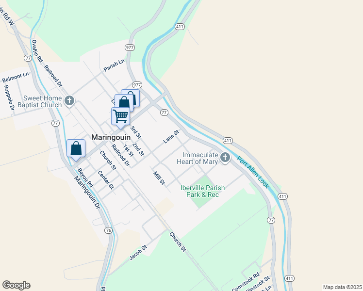 map of restaurants, bars, coffee shops, grocery stores, and more near 77220 Coleman Drive in Maringouin