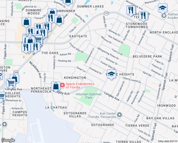 map of restaurants, bars, coffee shops, grocery stores, and more near 3600 Swan Lane in Pensacola