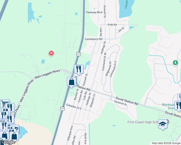 map of restaurants, bars, coffee shops, grocery stores, and more near 14016 Gossett Street in Jacksonville