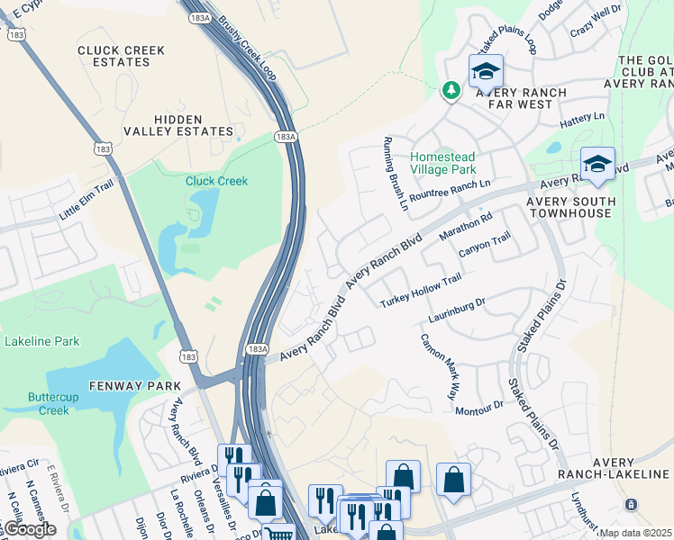 map of restaurants, bars, coffee shops, grocery stores, and more near 11801 Harpster Bend in Austin