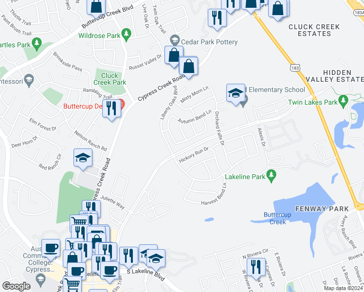 map of restaurants, bars, coffee shops, grocery stores, and more near 604 Spring Arbor Lane in Cedar Park