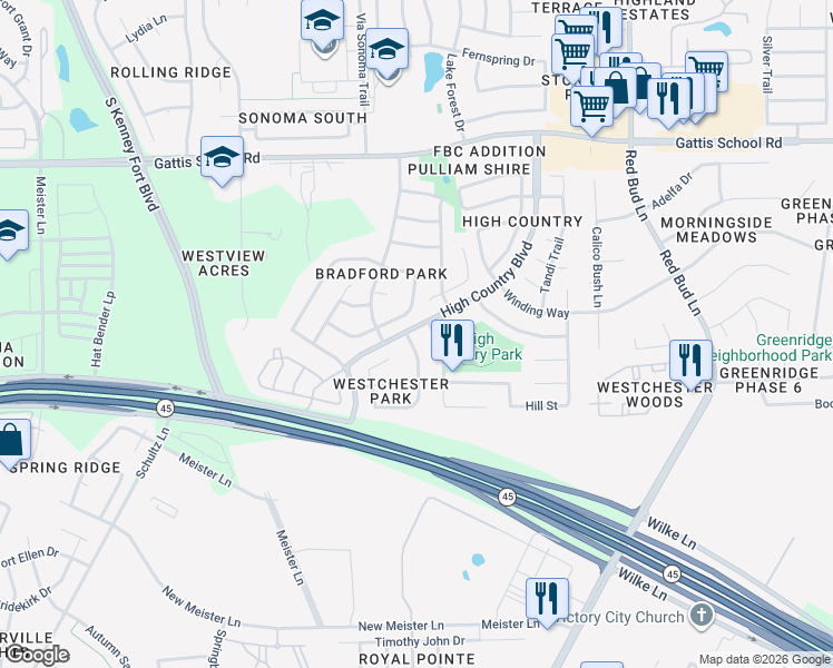 map of restaurants, bars, coffee shops, grocery stores, and more near 2803 Southampton Way in Round Rock