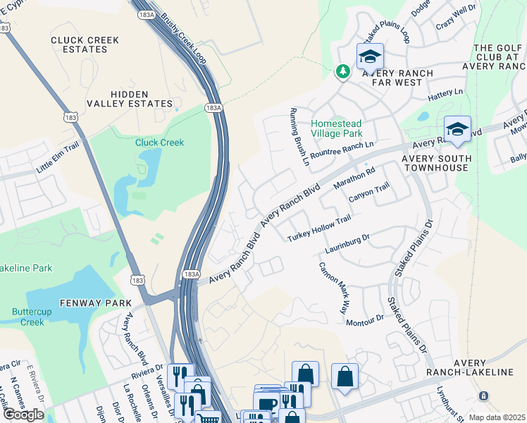 map of restaurants, bars, coffee shops, grocery stores, and more near 11801 Harpster Bend in Austin