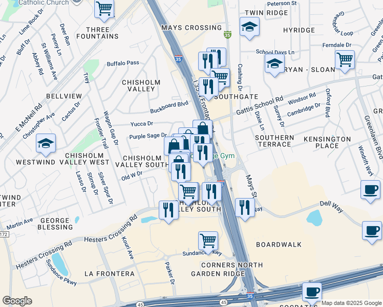 map of restaurants, bars, coffee shops, grocery stores, and more near 2026 North Interstate 35 Frontage Road in Round Rock