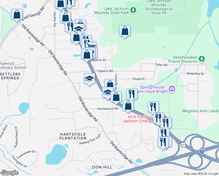 map of restaurants, bars, coffee shops, grocery stores, and more near 3365 North Monroe Street in Tallahassee
