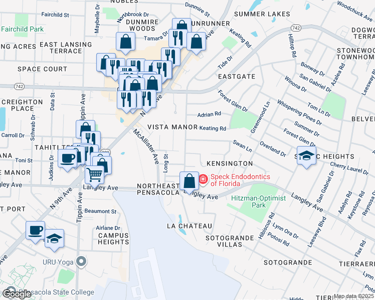 map of restaurants, bars, coffee shops, grocery stores, and more near 5900 Audubon Drive in Pensacola