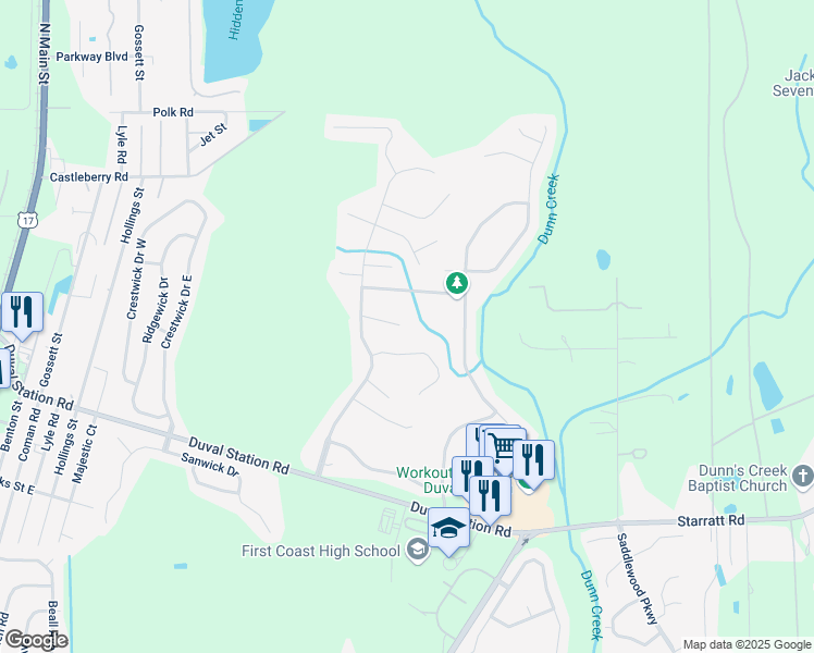 map of restaurants, bars, coffee shops, grocery stores, and more near 580 Hardeeville Court in Jacksonville