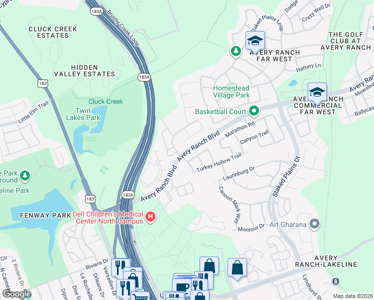 map of restaurants, bars, coffee shops, grocery stores, and more near 11801 Harpster Bend in Austin
