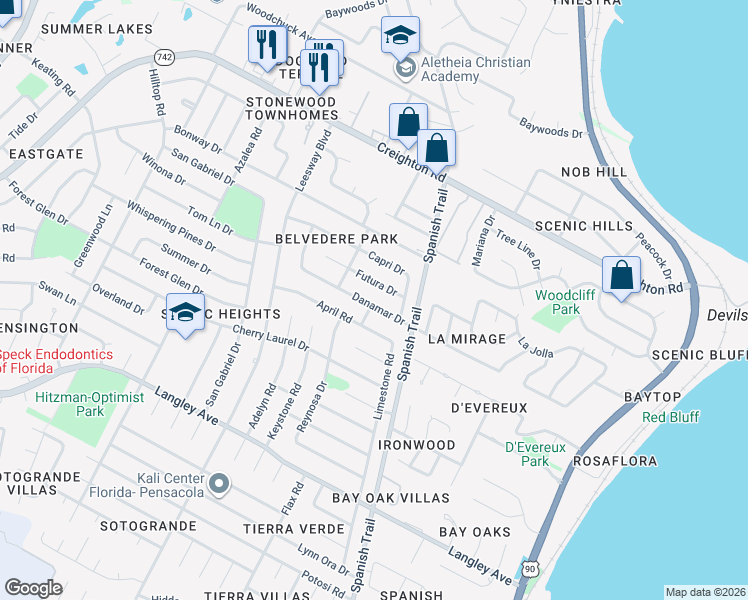 map of restaurants, bars, coffee shops, grocery stores, and more near 4250 Danamar Drive in Pensacola