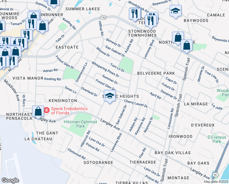 map of restaurants, bars, coffee shops, grocery stores, and more near 3821 Forest Glen Drive in Pensacola