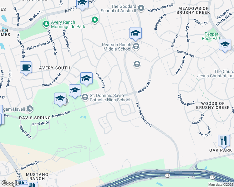 map of restaurants, bars, coffee shops, grocery stores, and more near 9101 Ivalenes Hope Drive in Austin