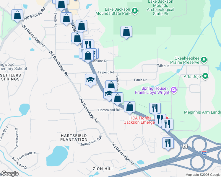 map of restaurants, bars, coffee shops, grocery stores, and more near 3365 North Monroe Street in Tallahassee