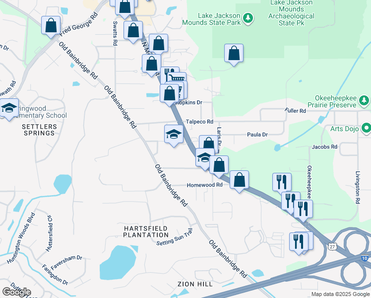 map of restaurants, bars, coffee shops, grocery stores, and more near 3420 North Monroe Street in Tallahassee