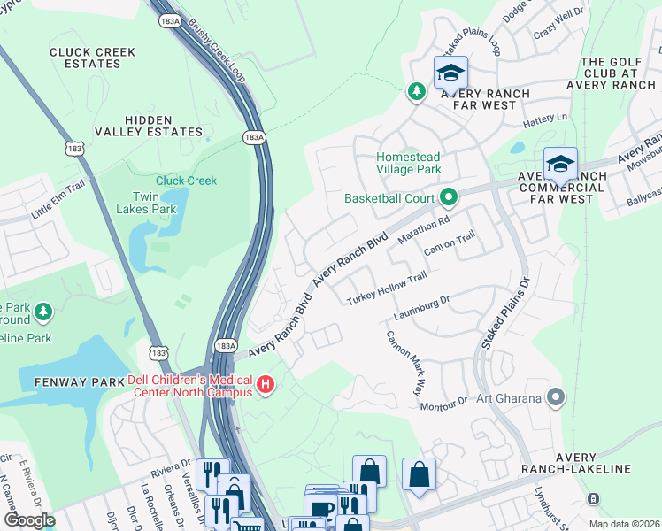 map of restaurants, bars, coffee shops, grocery stores, and more near 11801 Harpster Bend in Austin