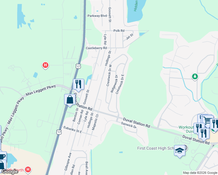 map of restaurants, bars, coffee shops, grocery stores, and more near 14019 Crestwick Drive West in Jacksonville