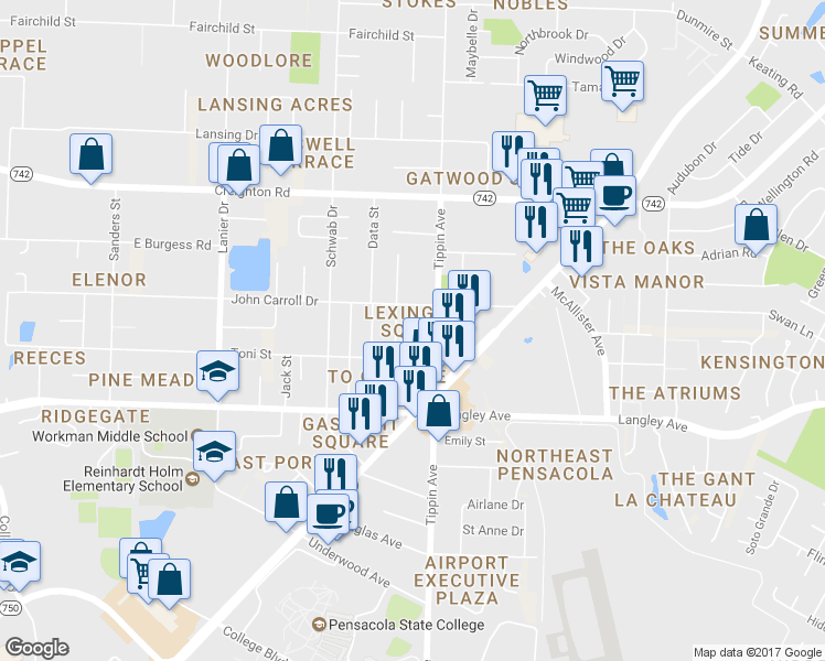 map of restaurants, bars, coffee shops, grocery stores, and more near 6441 Concord Way in Pensacola