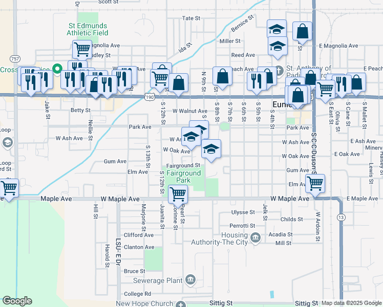 map of restaurants, bars, coffee shops, grocery stores, and more near 421 South 10th Street in Eunice