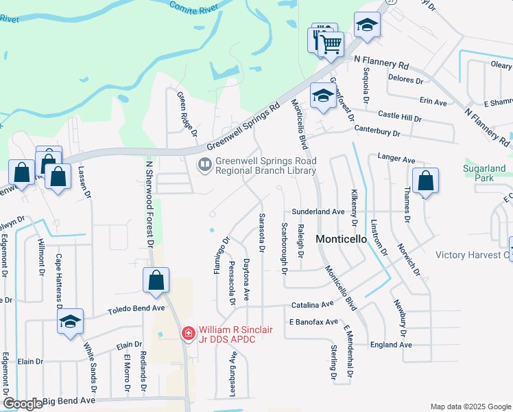 map of restaurants, bars, coffee shops, grocery stores, and more near 11754 Flamingo Drive in Baton Rouge