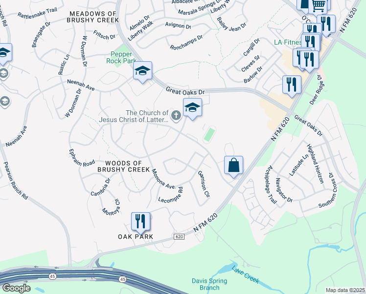map of restaurants, bars, coffee shops, grocery stores, and more near 8005 Cornerwood Drive in Austin