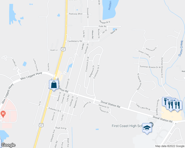 map of restaurants, bars, coffee shops, grocery stores, and more near 14007 Ridgewick Drive in Jacksonville