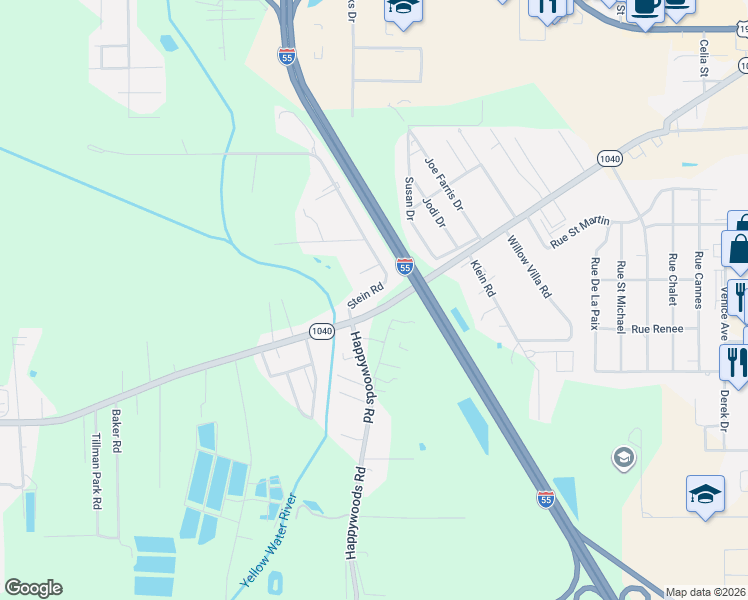 map of restaurants, bars, coffee shops, grocery stores, and more near 43393 Happywoods Road in Hammond